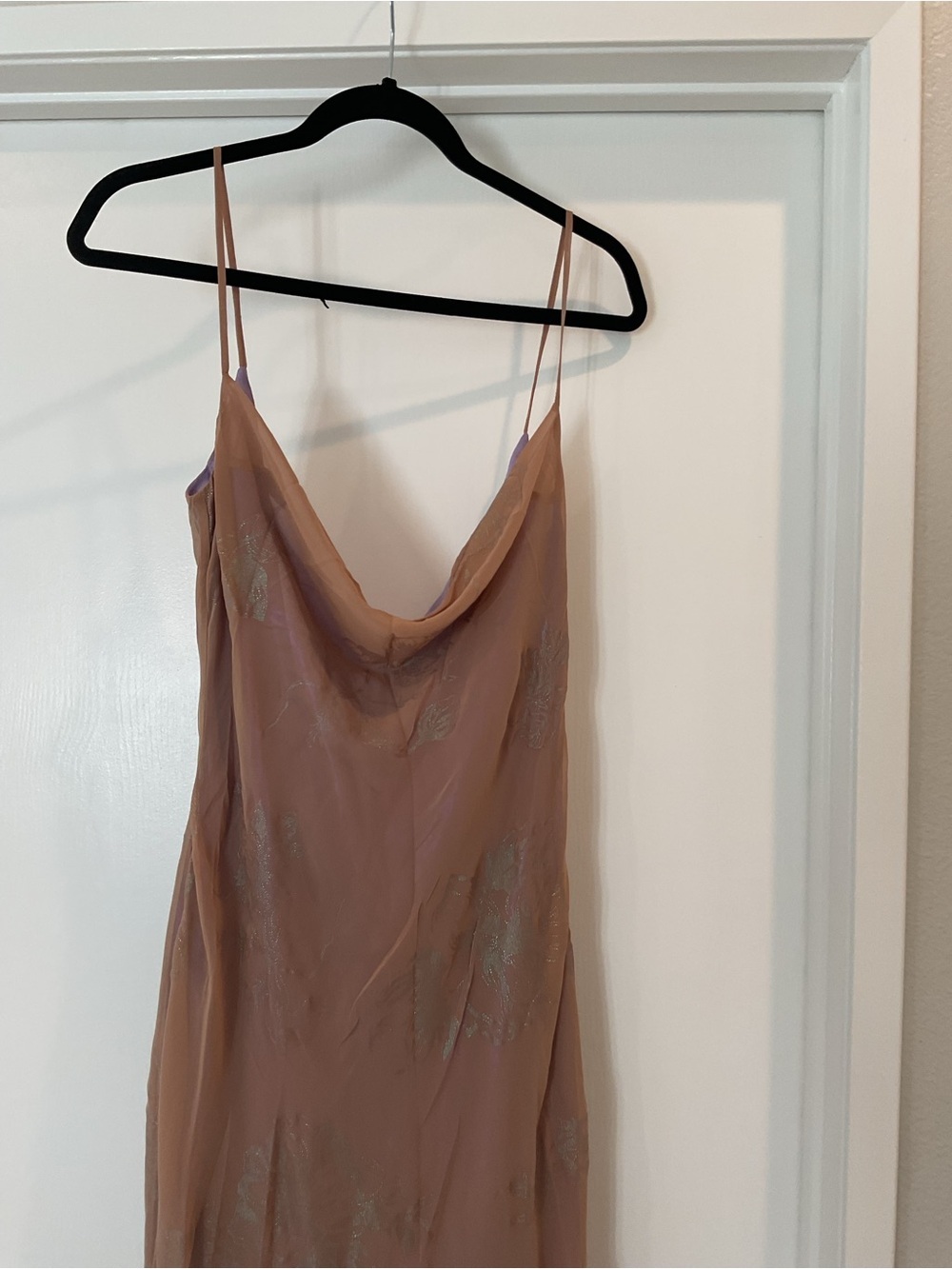 House of CB Nude Iridescent  Maxi  with Subtle Lavender Sheen Homecoming Dress - Picture 4 of 5